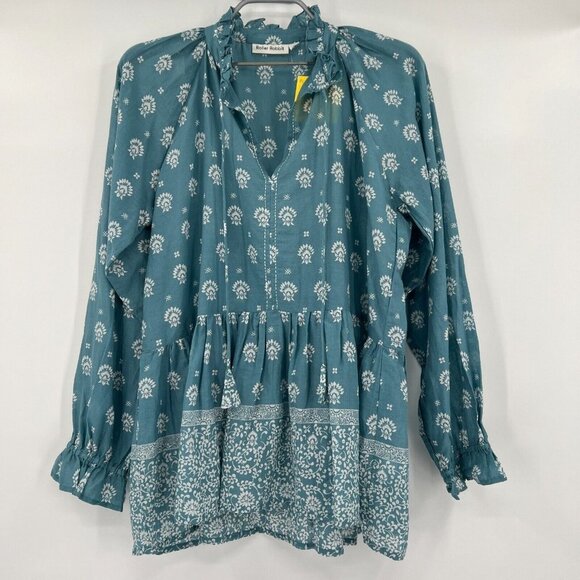 Roller Rabbit Women's Tashi Border Jannella Top sz S NWT Blue Boho Cotton Blouse - Picture 1 of 8